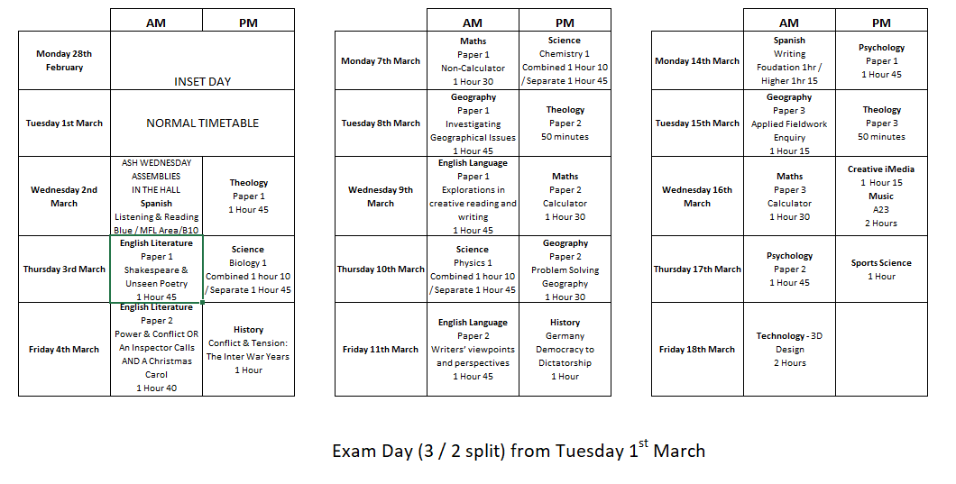 Correct ppe timetable 28th feb to 18th march