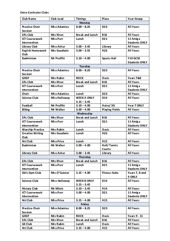 Extra Curricular Clubs