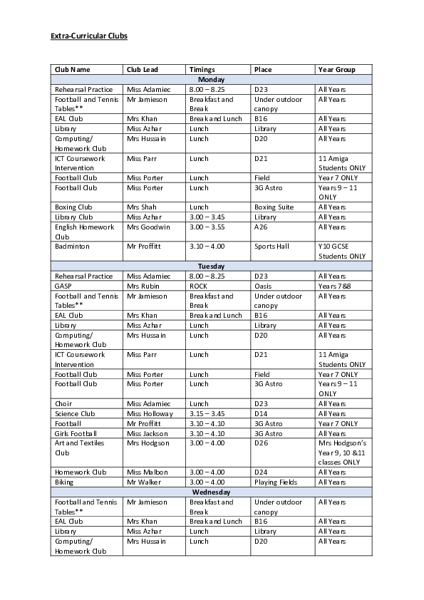 Extra Curricular Clubs List 
