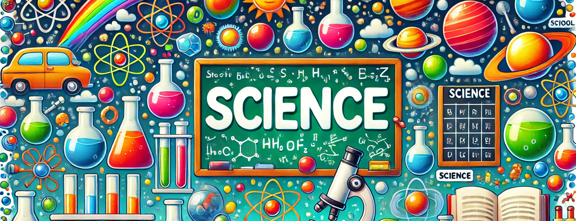 DALL·E 2024 12 09 12.07.41   A colorful and vibrant banner design featuring a school science themed background. The scene includes elements such as test tubes, flasks with bubblin